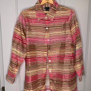 Citiknits Sheer Pink/Beige/Brown Striped Button Down in Size 1X